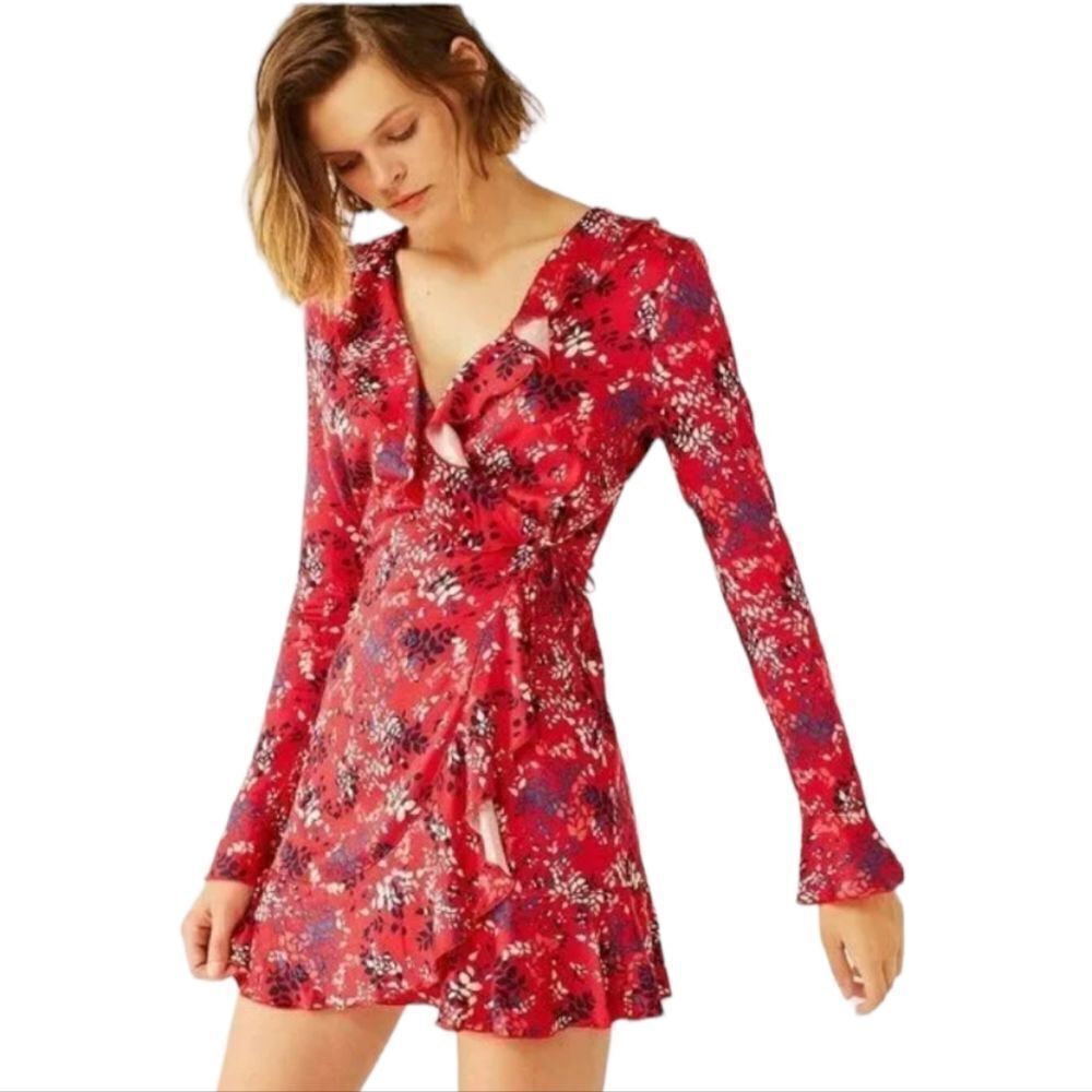 NEW Urban Outfitters red long sleeve ruffle wrap mini dress M